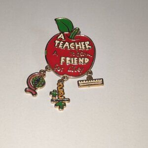 Vintage Teacher Friend For Life Gold Red Enamel Apple Lapel Pin Brooch
